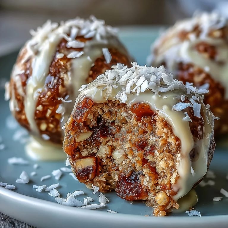 Cozy Carrot Cake Bliss Balls rolled in coconut, bursting with walnuts, oats, and comforting spices for a guilt-free dessert.