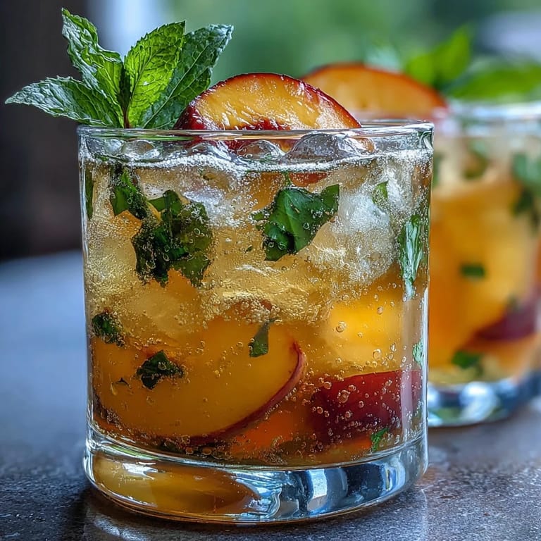 Homemade Starbucks copycat peach green tea lemonade served over ice with vibrant fruit accents.  