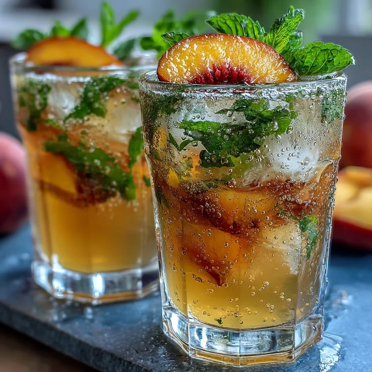 Chilled green tea lemonade blended with peach nectar, perfect for a summer refreshment.