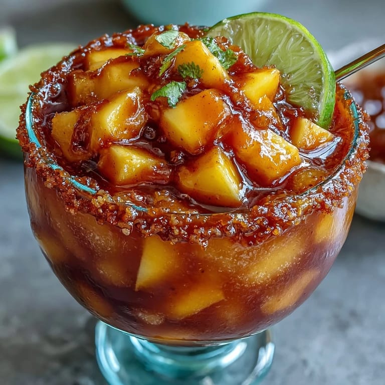 Zesty lime and chili-spiced mangonada mocktail served in a glass rimmed with Tajín and garnished with tamarind candy.