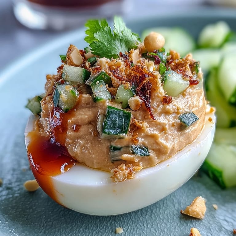 Spicy Thai peanut deviled eggs served with a vibrant cucumber relish, garnished with fresh cilantro and a sriracha drizzle for extra heat.