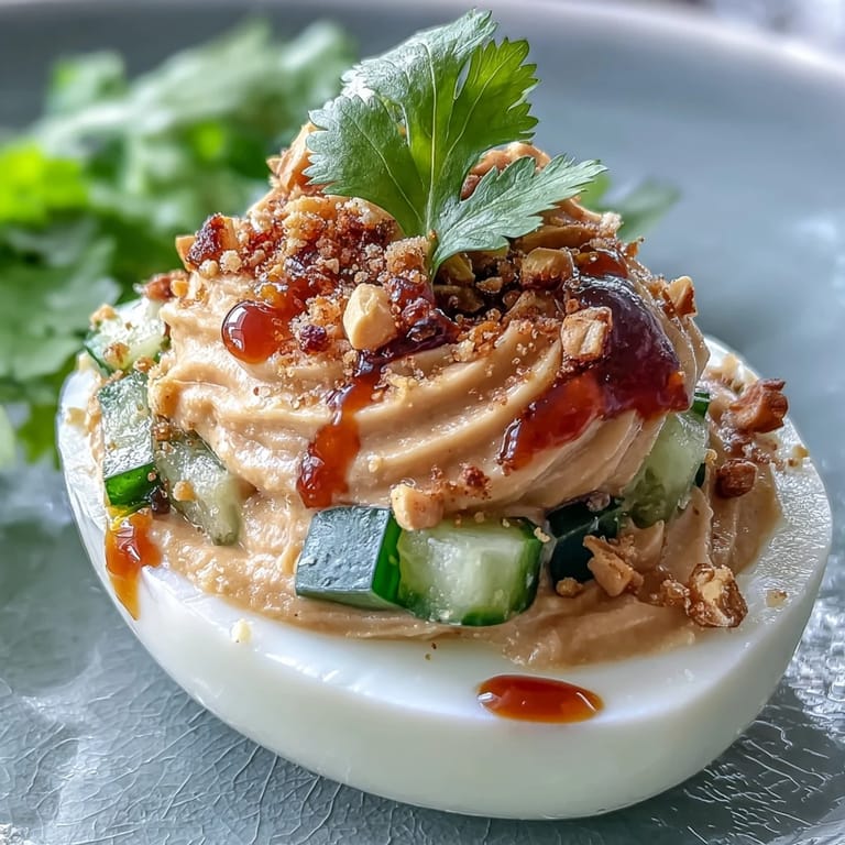 Creamy Thai peanut deviled eggs paired with tangy cucumber relish, offering a colorful, gluten-free appetizer perfect for parties or gatherings.