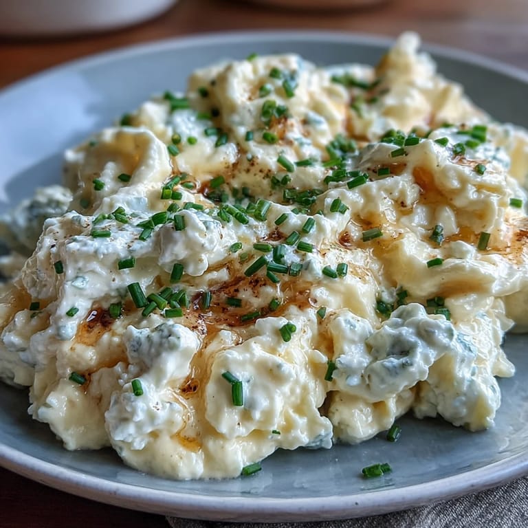 Wholesome cottage cheese and egg scramble served hot, garnished with fresh chives for a savory, nourishing start.  