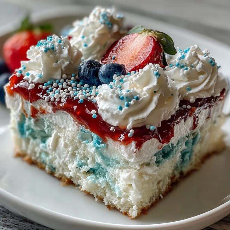 Patriotic poke cake featuring red and blue gelatin poured into white cake, topped with creamy whipped topping.  