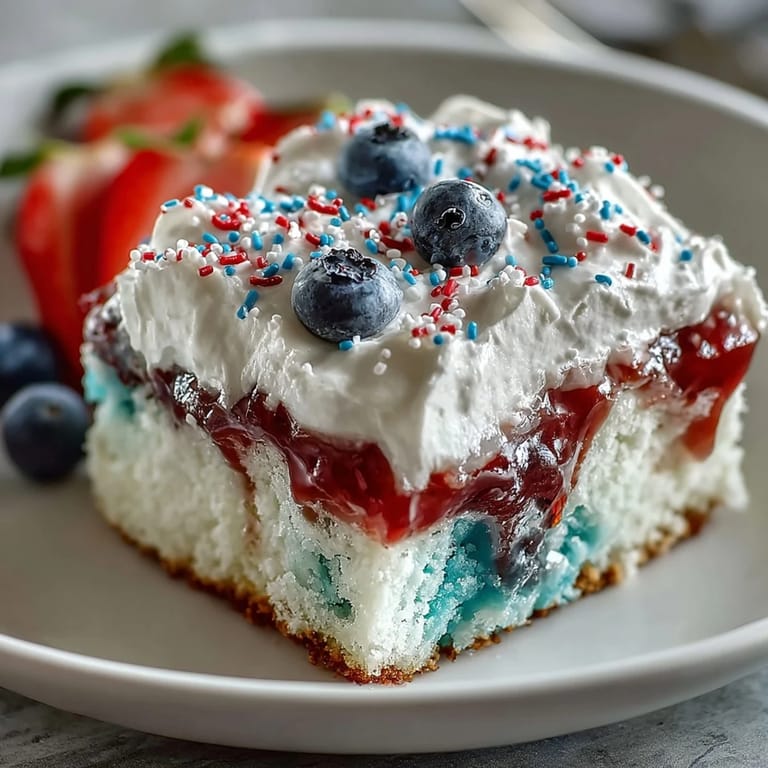 Layered Memorial Day poke cake with red and blue gelatin, white cake, and festive sprinkles for a colorful dessert.