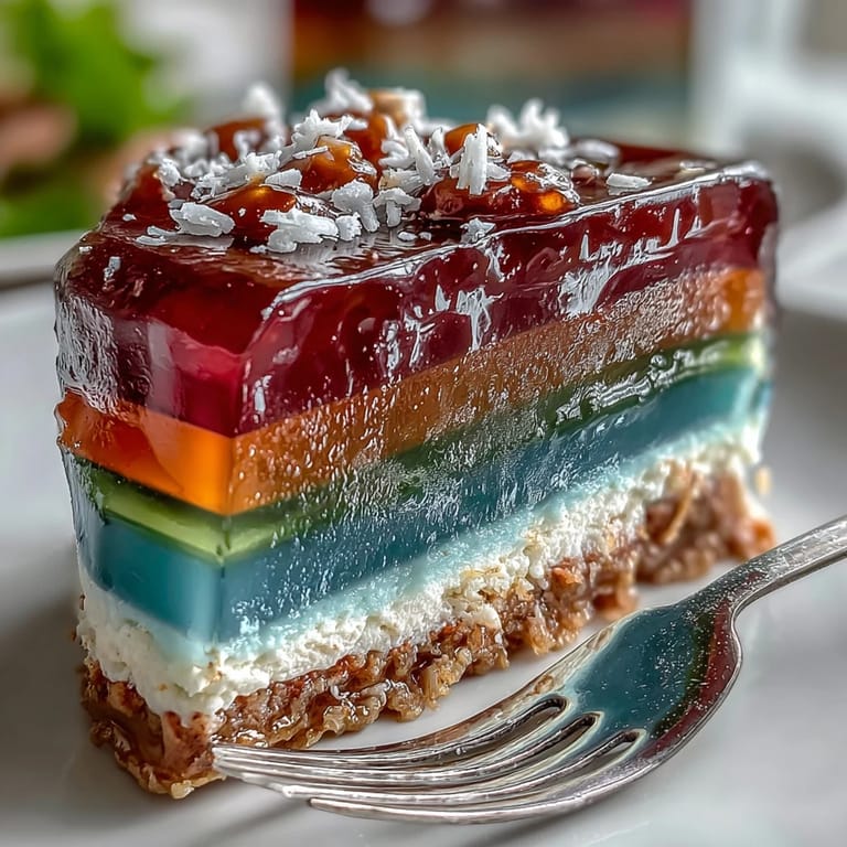 Multi-colored agar-agar jelly cake with coconut cream, beautifully sliced to reveal rainbow layers in each piece.