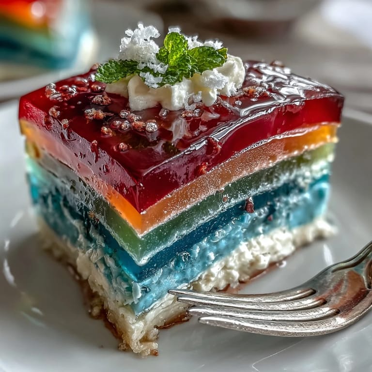 Layered agar-agar jelly cake in rainbow colors topped with silky coconut cream, a stunning dairy-free dessert.