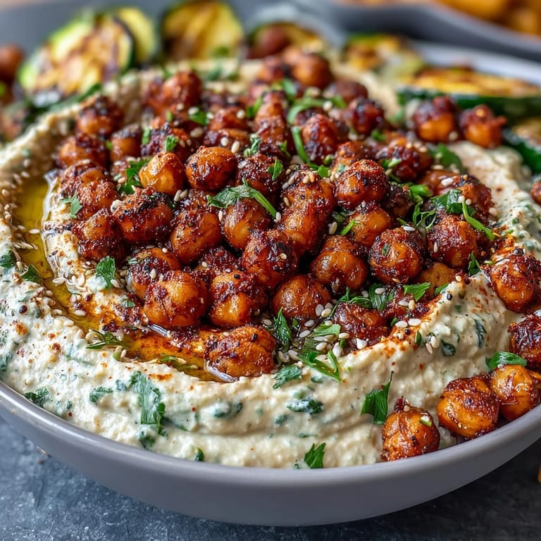 Wholesome Crispy Chickpea Bowls featuring crunchy chickpeas, colorful grilled peppers, and creamy hummus for a satisfying meal.  