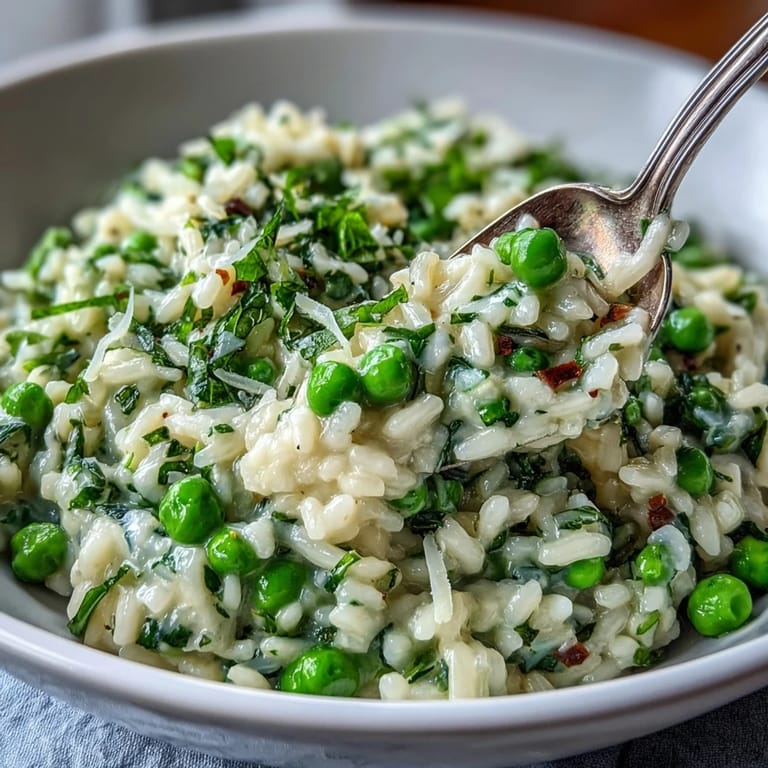 Vibrant Spring Pea Risotto garnished with Parmesan and mint, perfect for a vegetarian dinner.