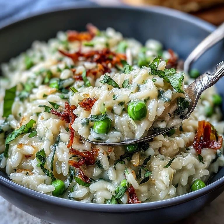 Spring Pea Risotto with aged Parmesan, fresh peas, and aromatic mint served in a bowl.