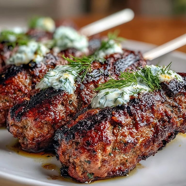Tender ground lamb kofta infused with cumin, coriander, and mint, sizzling on the grill and paired with refreshing homemade tzatziki.