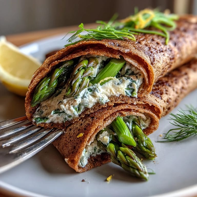 Savory buckwheat crepes rolled with sautéed spring vegetables and lemon-herb ricotta, served warm for a satisfying meal.