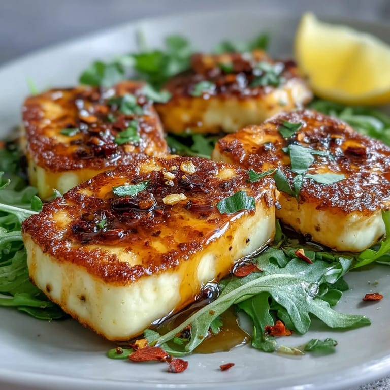 Warm halloumi cheese with chili honey glaze, served over arugula for a flavorful Mediterranean appetizer or light lunch.