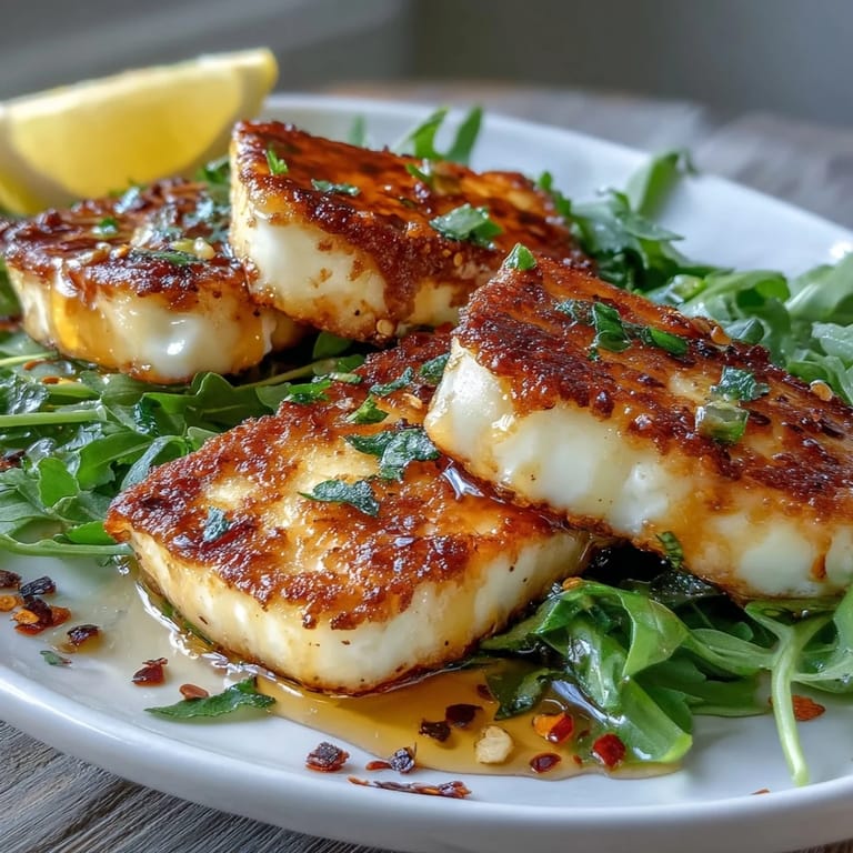 Crispy halloumi slices topped with chili-infused honey and served on a bed of peppery arugula greens.  