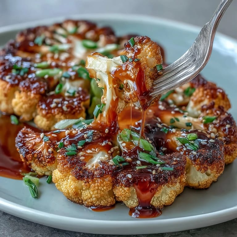 Oven-roasted cauliflower steaks basted in rich teriyaki sauce, creating a flavorful and satisfying plant-based main dish.