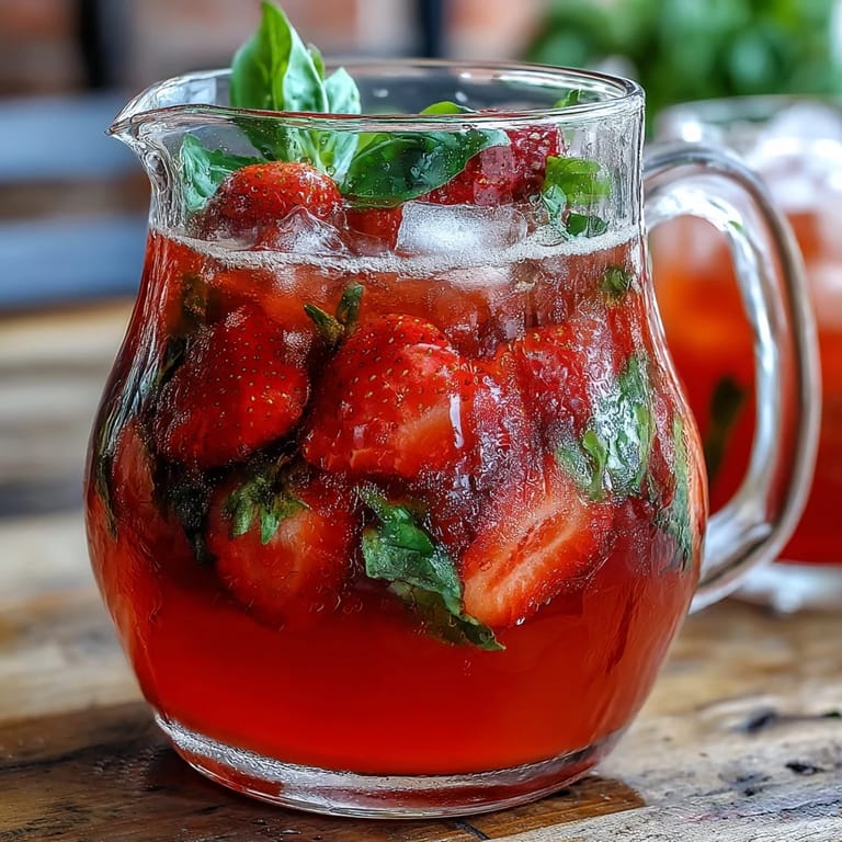 Close-up of a Strawberry Basil Lemonade Pitcher overflowing with ice and garnishes.