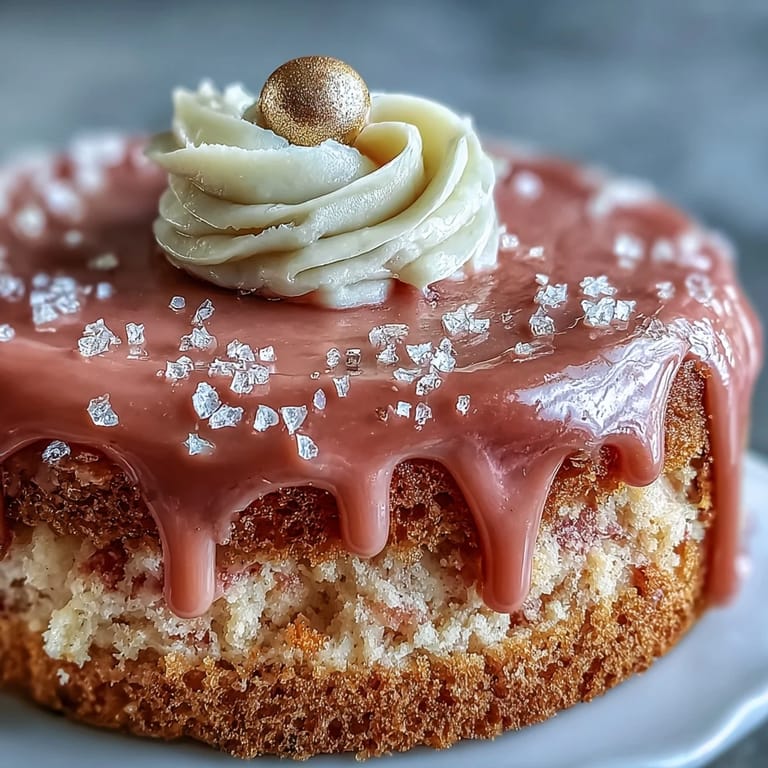 Close-up of a delicate pink velvet cake with a luxurious gold drip accent.
