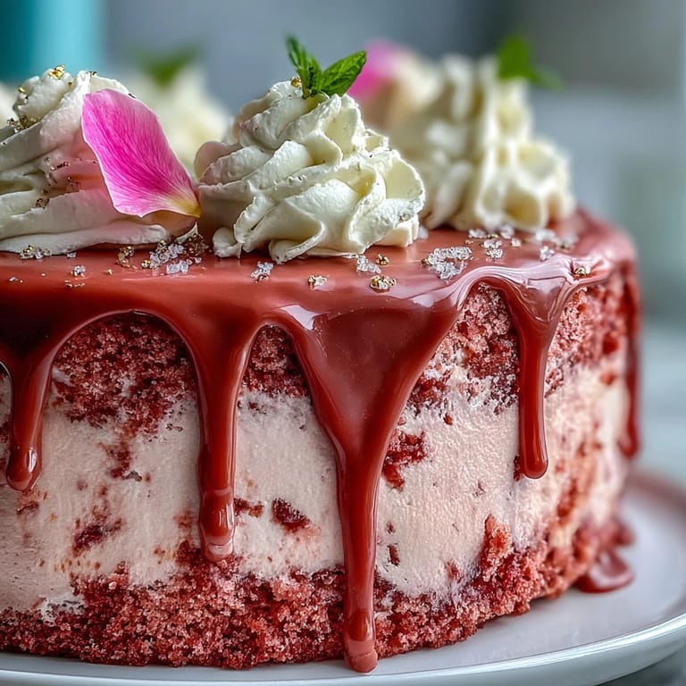 Beautifully frosted Rosé Velvet Cake, perfect for bridal showers, featuring a lustrous gold drip.