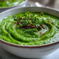 Creamy, bright green Big Green Immunity-Boosting Vegetable Soup in a rustic bowl, garnished with lemon wedges and olive oil drizzle for a healthy, cozy meal.