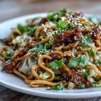 Steaming Potsticker Noodle Bowls feature rice noodles tossed in a savory sauce with browned pork and crisp veggies.