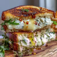 Golden-brown sourdough halves reveal a creamy goat cheese grilled cheese with honey and chili flakes, dripping with sweet drizzle.