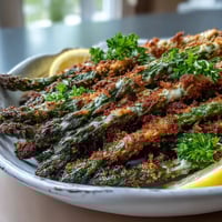 Golden-brown Crispy Asparagus Asiago Spears baked on parchment, garnished with parsley and lemon wedges.