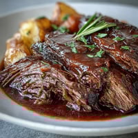 Golden-brown beef pot roast nestled among tender carrots, celery, and potatoes in a rich, savory red wine gravy.