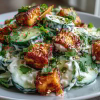 Creamy Asian Cucumber Salad with Crispy Tofu served fresh in a white bowl with a sesame garnish.