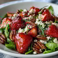 Fresh Spring Dinner Party Strawberry Arugula Salad with creamy goat cheese and balsamic glaze, perfect for entertaining.  