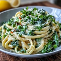 Vibrant bowl of lemon butter pasta with peas and Parmesan, creamy sauce glistening over linguine noodles.
