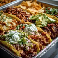 Festive Cinco de Mayo taco bar spread with sizzling chicken, beef, and beans alongside fresh toppings and warm tortillas.  