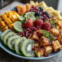Tropical Mango and Pineapple Display: Vibrant platter of sliced mango, pineapple spears, kiwi, papaya, and berries with mint garnish for a fresh, colorful centerpiece.