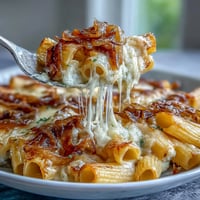 Golden French onion pasta bake with caramelized onions, rigatoni, and melted Gruyère in a creamy sauce.