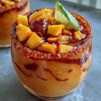 A vibrant frozen mango mocktail with chamoy drizzle, Tajín rim, and fresh mango chunks in a festive cup.