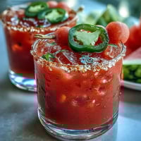A refreshing Cinco de Mayo Watermelon Jalapeño Margarita Mocktail with juicy watermelon and a hint of spice, served over ice with a salted rim.