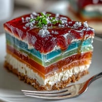 Vibrant rainbow jelly cake with agar-agar layers and creamy coconut topping, perfect for colorful summer parties.