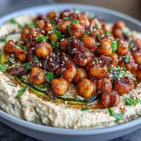 Crispy Chickpea Bowls with roasted spiced chickpeas and grilled vegetables in a vibrant hummus base.  