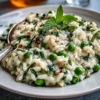 Creamy Spring Pea Risotto with fresh mint, Parmesan, and lemon zest in a skillet.