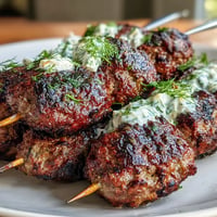 Juicy lamb kofta skewers with fragrant spices and fresh herbs, grilled to perfection and served with creamy tzatziki sauce.