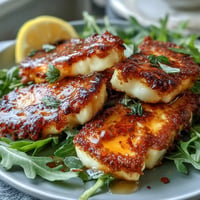 Golden halloumi cheese pan-seared until crispy and drizzled with sweet-spicy chili honey over fresh arugula.  