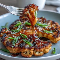 Golden-brown cauliflower steaks roasted to perfection and glazed with a glossy teriyaki sauce for a hearty vegetarian meal.  