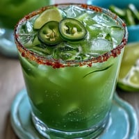Viral Pickle Margarita Mocktail photo shows a frosty glass with a spicy jalapeño rim.