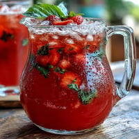Vibrant Strawberry Basil Lemonade Pitcher with fresh fruit garnish on a sunny table.